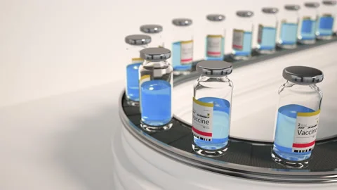 Vaccine ampules or bottles development. Pharmaceutical production line, manufact Stock Footage 212992083