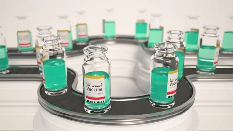 Vaccine ampules or bottles development. Pharmaceutical production line, manufact Stock Footage 212992512