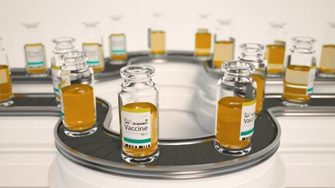 Vaccine ampules or bottles development. Pharmaceutical production line, manufact Stock Footage 221610393