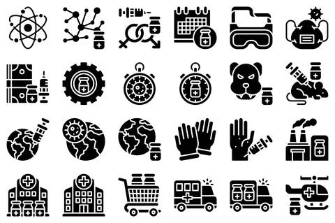 Vaccine Development related solid icon set 3 Stock Illustration
