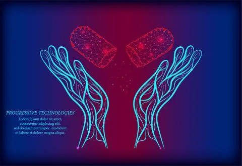 A vaccine in the form of tablets between two human hands is a low-poly concep Stock Illustration
