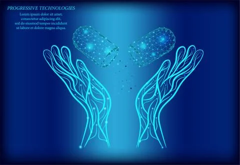 A vaccine in the form of tablets between two human hands is a low-poly concep Stock Illustration