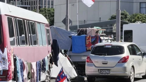 Vaccine Mandate Protest Parked Vans 2 Stock Footage 170998397