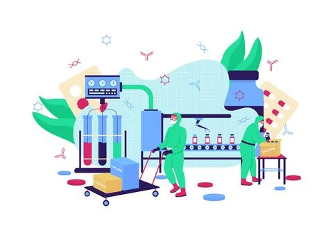 Vaccine production flat concept vector illustration Illustrazione stock