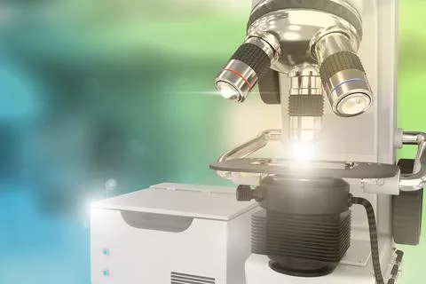 Vaccine research concept, lab microscope with flare Illustrazione stock
