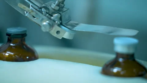 Vaccine vial capping. injection vials capping machine. pharmaceutcal line. glass Stock Footage 295663543
