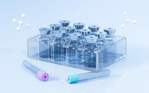 Vaccines and molecules in the lab, concept of medicine, 3d rendering. Stock Illustration