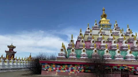 Vache Stupas with Prayer Flags at Zoigê Marsh Stock Footage 337669342