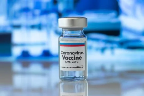 Vacina Russa contra Coronavírus Sars-Cov-2 sobre a mesa do laboratório Stock Photos