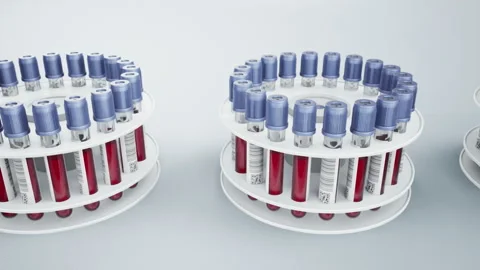 Vacutainers filled with blood samples in white holders staked on row. 動画素材 105166738