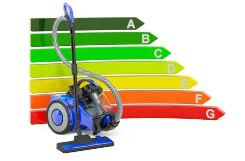 Vacuum cleaner with energy efficiency chart, 3D rendering Stock Illustration