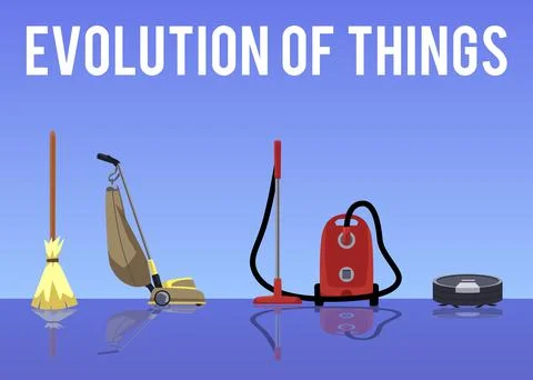Vacuum cleaner evolution, from broom to robotic vacuum - flat vector Stock Illustration