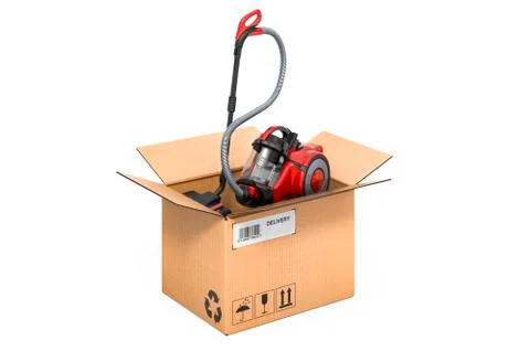 Vacuum cleaner inside cardboard box, delivery concept. 3D rendering Illustrazione stock