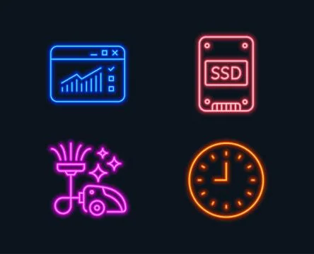 Vacuum cleaner, Ssd and Web traffic icons. Clock sign. Vacuum-clean, Solid-state Stock Illustration