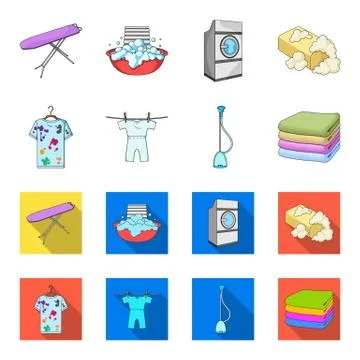 Vacuum cleaner, a stack of cloth, dirty and clean things. Dry cleaning set Stock Illustration