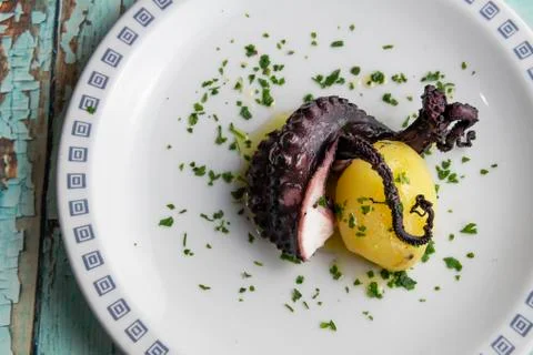 Vacuum cooked octopus at low temperature with potato	 Stock Photos