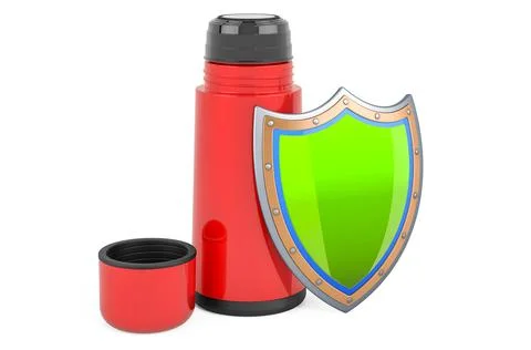 Vacuum flask, thermos with shield, 3D rendering Stock Illustration