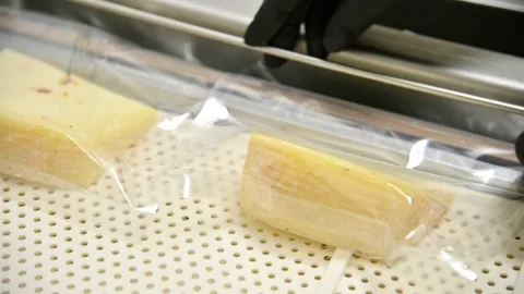 Vacuum packaging cheese slices in clear plastic bags for preservation Stock Footage 337229544