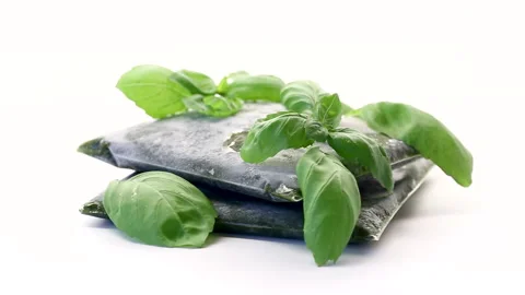 Vacuum packed basil with fresh green leaves on bright white background Stock-Footage 342520627