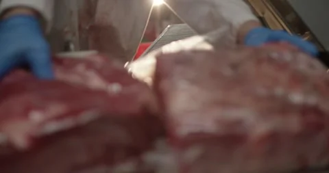 Vacuum packed beef moves along a roller conveyor in a plant, Meat Industry Stock Footage 340023622