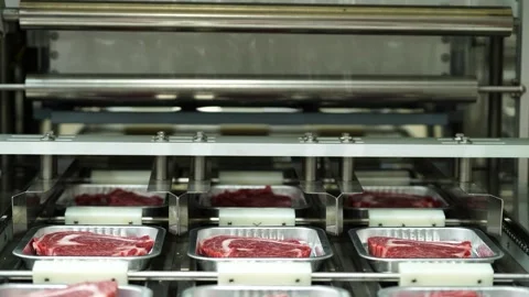 Vacuum Packed Meat Moving on Automated Conveyor System Stock Footage 335258429