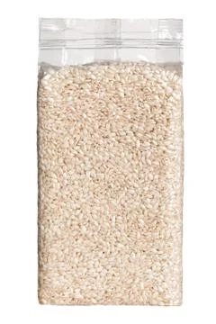 Vacuum packed plastic pack of long grain rice front view Stock Photos