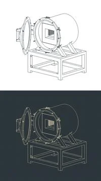 Vacuum quenching machine isometric blueprints Stock Illustration
