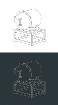 Vacuum quenching machine isometric technical drawings Stock Illustration