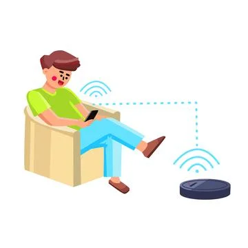 Vacuum Robot Man Controlling With Phone App Vector Stock Illustration