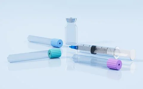 Vacuum sampling vessel and syringes in the lab, concept of the medicine, 3d r Stock Illustration