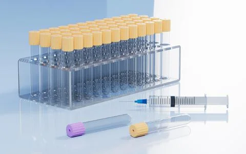Vacuum sampling vessel and syringes in the lab, concept of the medicine, 3d r イラスト素材