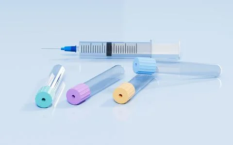 Vacuum sampling vessel and syringes in the lab, concept of the medicine, 3d r 스톡 일러스트