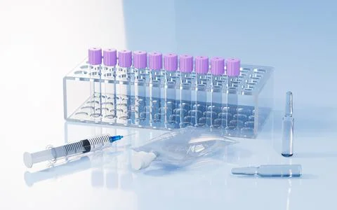 Vacuum sampling vessel and syringes in the lab, concept of the medicine, 3d r Stock Illustration