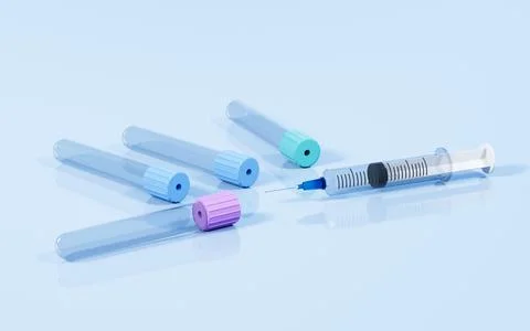 Vacuum sampling vessel and syringes in the lab, concept of the medicine, 3d r 스톡 일러스트