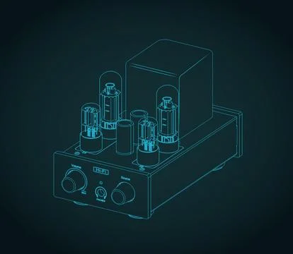 Vacuum tube amplifier isometric technical blueprint Stock Illustration