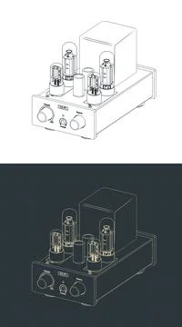 Vacuum tube amplifier isometric technical blueprints Stock Illustration