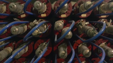 Vacuum tube modules of First Generation Computers. Steadicam shot Stock Footage 136647496