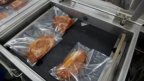 Vacuumed Packaging meat at the factory 스톡 동영상 94155996