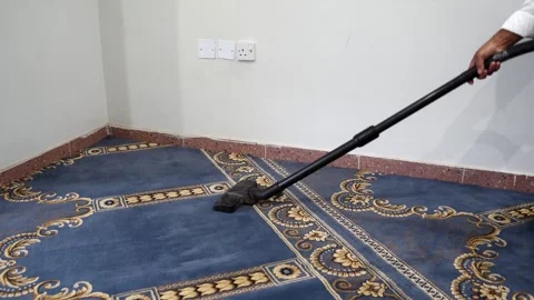 Vacuuming Patterned Blue Carpet in Modern Room Stock Footage 334779015