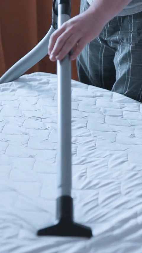 Vacuuming a textile surface with a specialized vacuum nozzle close up Видео 341858599