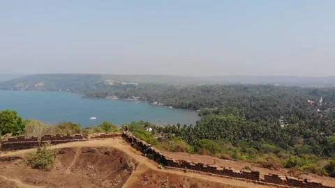 Vagator Beach Top to Bottom View from Chapora Fort in North Goa, India Stock Footage 130490130