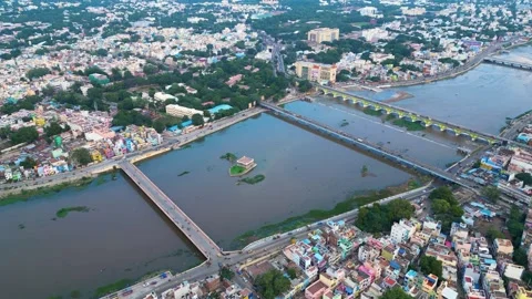 Vaigai River with bright colored bridges connect City of Madurai Tamil Stock Footage 263864951