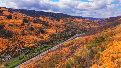 Vail Village Vail mountain ski resort ski trails morning aerial drone fall Stock-Footage 321357376