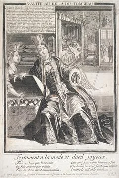 A vain man making extravagant charitable bequests. Engraving by N. Gurard, .. Stock Illustration