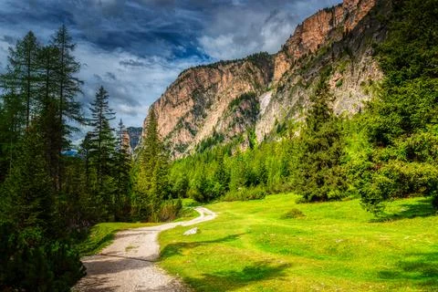Val Gardena, mountain path through the forest Stock Photos