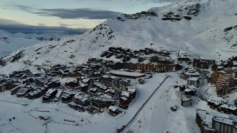 Val Thorens Resort Village Dramatic Dusk Sky Aerial Drone Video Winter 4K Видео 336054261
