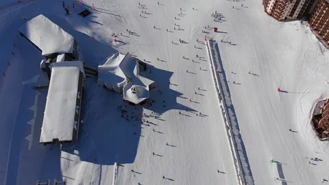 Val Thorens ski area drone fly over in 4k overhead Stock Footage 102286046
