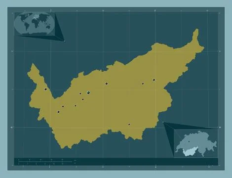 Valais, Switzerland. Solid color shape. Locations of major cities of the regi 스톡 일러스트
