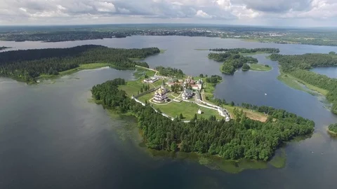 Valday Iversky Russian Orthodox Monastery Valdaysky Park Lake Seliger From above Stock Footage 80531545