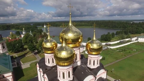 Valday Iversky Russian Orthodox Monastery golden dome Valdaysky Park Lake Aerial Stock Footage 80531550